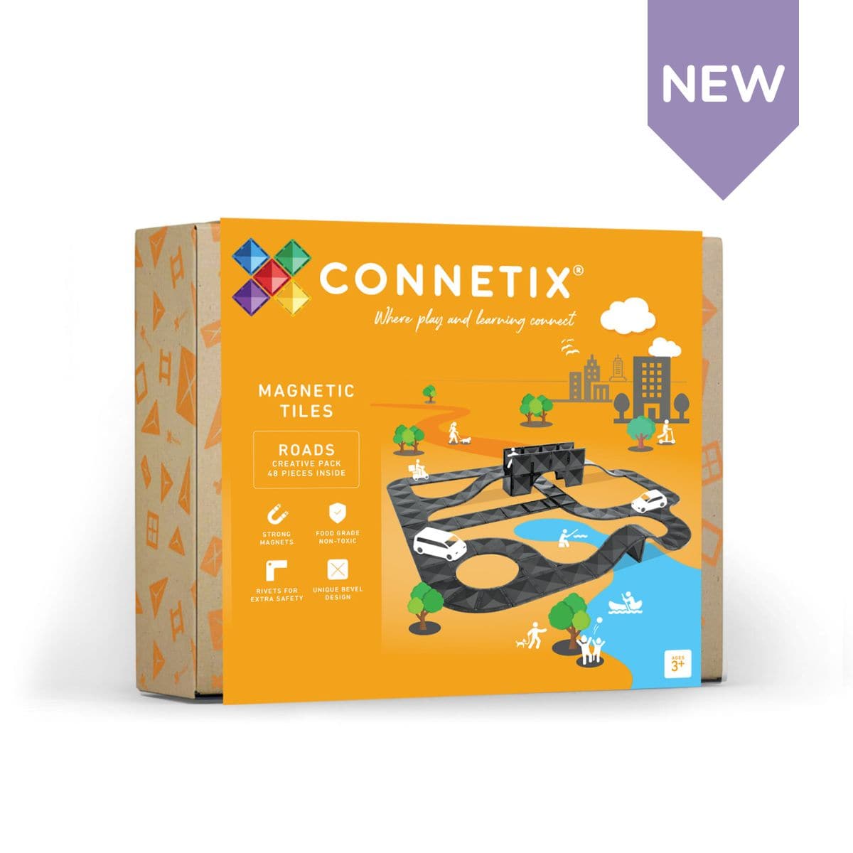 Caixa do Connetix Roads Pack 48 pc com ilustrações de estradas pretas magnéticas e o selo "NEW".
