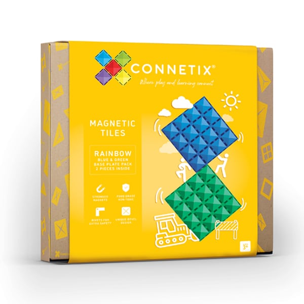Embalagem do Connetix Jogo Blocos Magnético 2 bases Azul & Verde. Inclui 2 placas magnéticas coloridas.