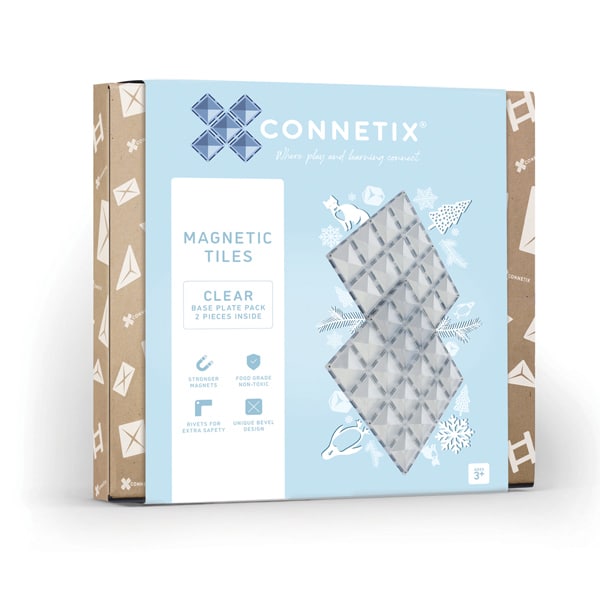 Embalagem do Connetix Jogo de Blocos Magnéticos 2 Bases Clear Shape. Blocos magnéticos transparentes para construção criativa.