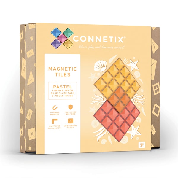 Connetix Jogo Blocos Magnéticos 2 Bases Lemon & Peach na caixa. Embalagem do conjunto de construção magnética para crianças.