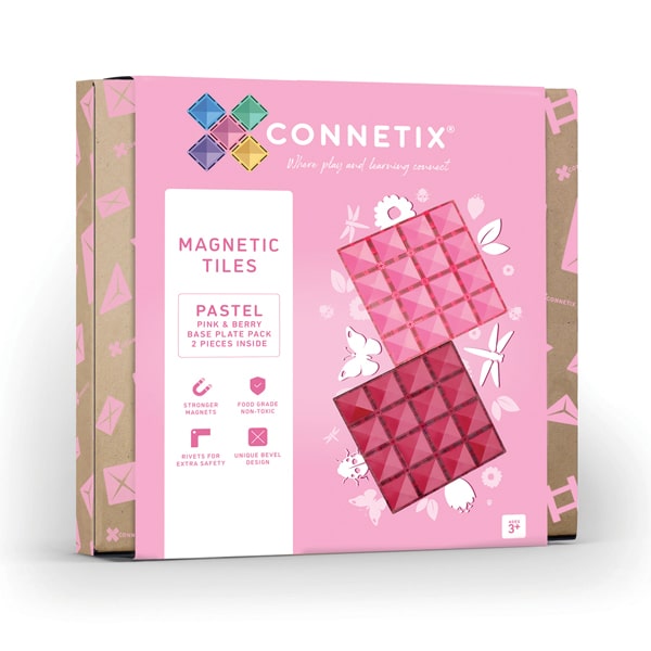 Embalagem do Connetix Jogo de Blocos Magnéticos 2 Bases Pink & Berry. Cores pastel, design apelativo e informação do produto.