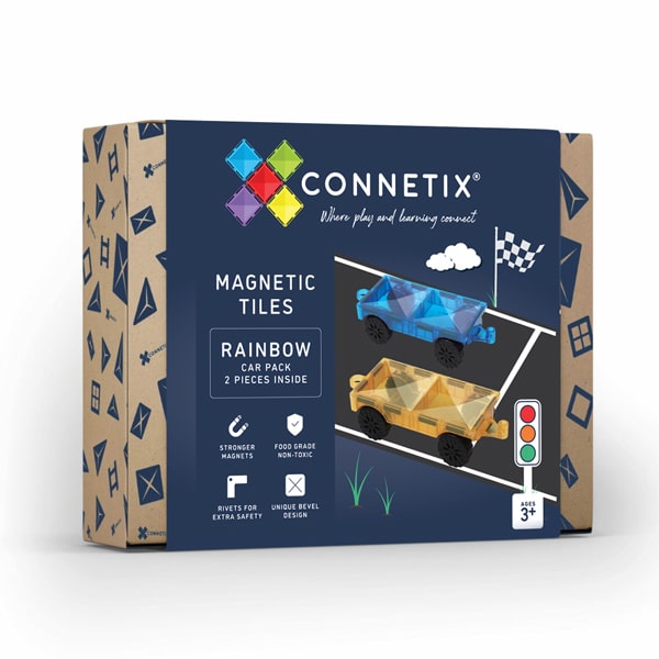 Embalagem do Connetix Jogo Blocos Magnéticos 2 Piece Transport Car, com carros azuis e amarelos visíveis.