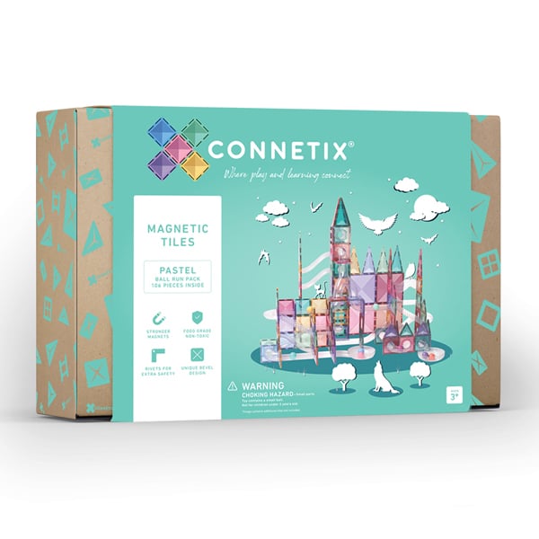 Caixa do Connetix Jogo blocos Magnético Ball Run Pastel 106 pc, mostrando o castelo e detalhes do produto.