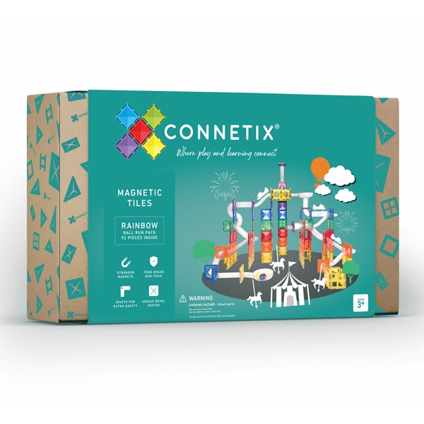 Caixa do Connetix Jogo blocos Magnético Ball Run Rainbow 92pc, mostrando conteúdo e características.