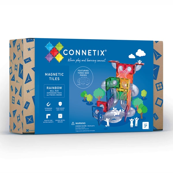 Caixa do Connetix Jogo blocos Magnético Ball Run Rainbow Expansion 66 peças, mostrando conteúdo e características.