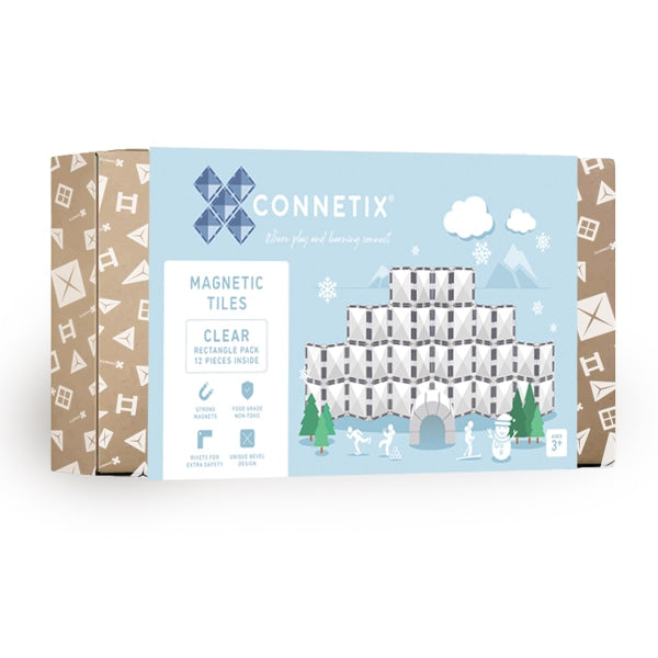 Caixa do Connetix Jogo blocos Magnético Clear Rectangle Pack 12 pc com ilustração de construção.
