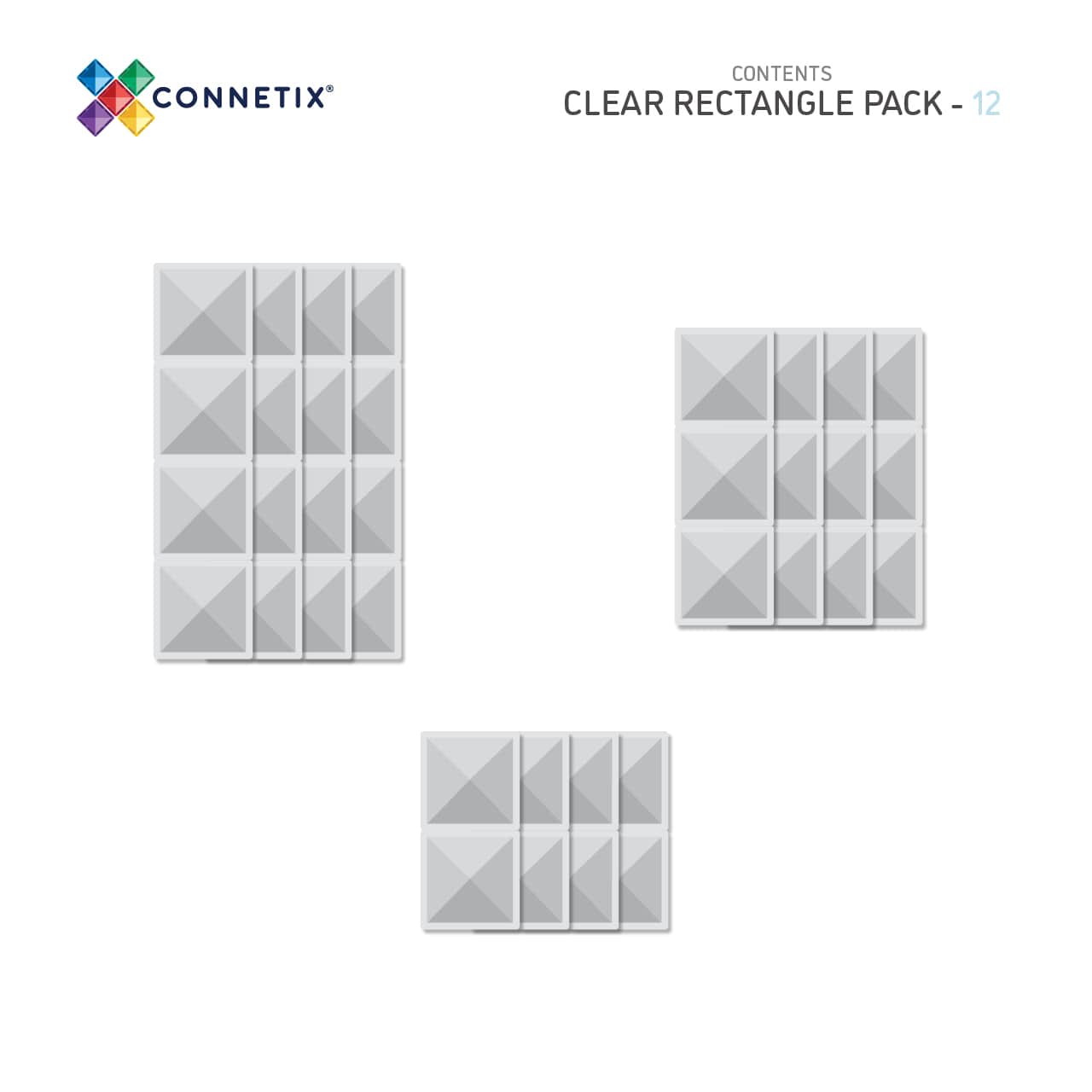 Conteúdo do pack Connetix Clear Rectangle 12 pc: 4 curtos, 4 médios, 4 longos.