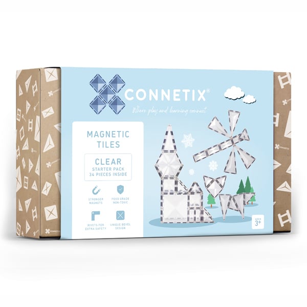 Caixa do Connetix Jogo blocos Magnético Clear Shape de 34 pc, mostrando o conteúdo e exemplos de construção.