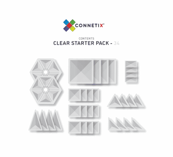 Caixa do Connetix Jogo blocos Magnético Clear Shape de 34 pc, mostrando o conteúdo e exemplos de construção.