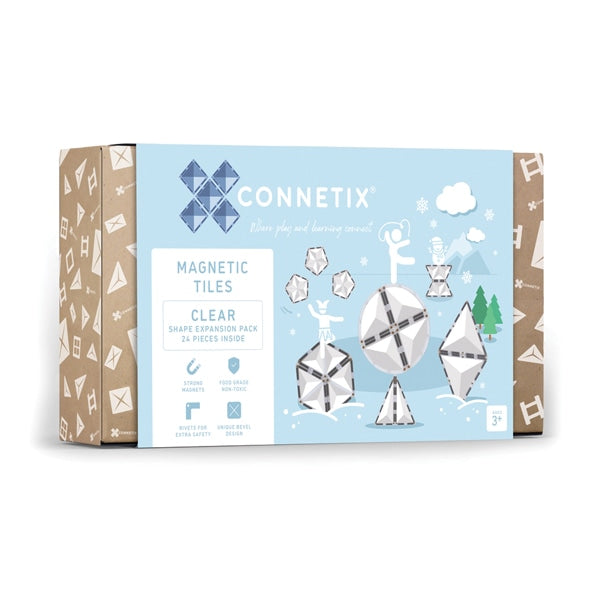 Connetix Jogo blocos Magnético Clear Shape Expansão 24 pc caixa. Mostra nome, peças e características.