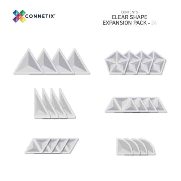 Connetix Jogo blocos Magnético Clear Shape Expansão 24 pc caixa. Mostra nome, peças e características.