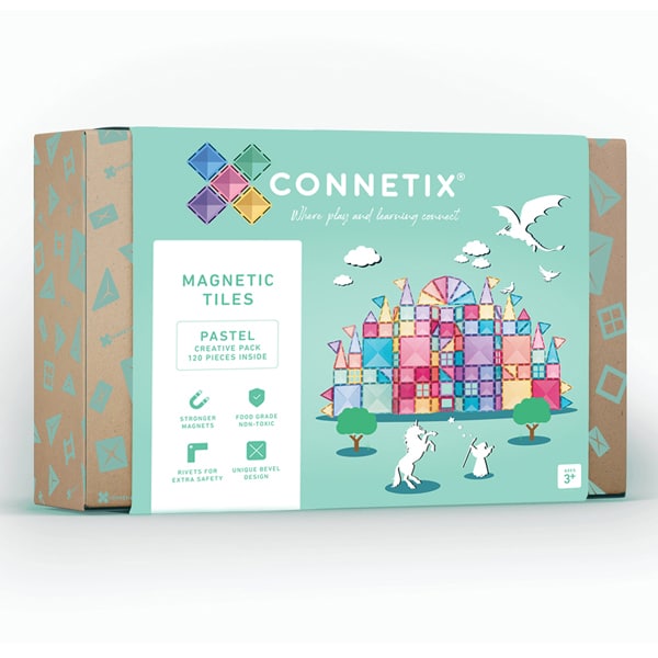 Caixa do jogo Connetix blocos magnéticos pastel creative 120 peças, mostrando conteúdo e características.