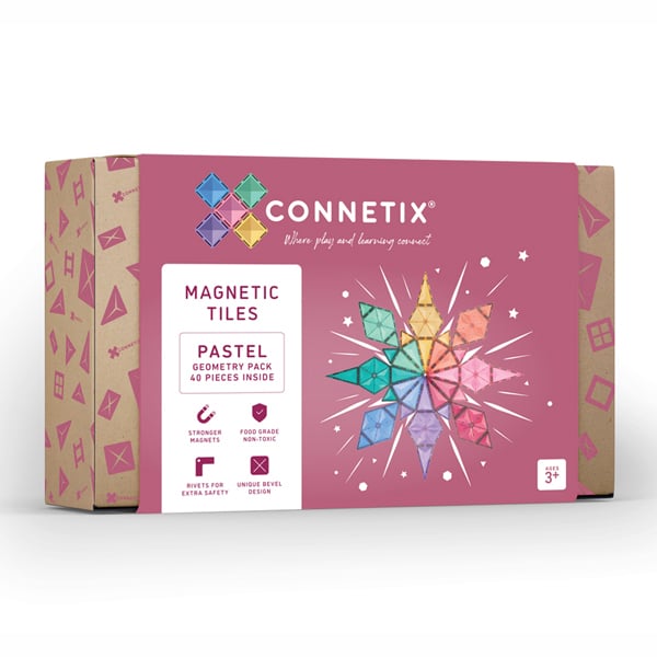 Caixa do jogo Connetix blocos magnéticos Pastel Geometry 40 pc, mostrando conteúdo e características.