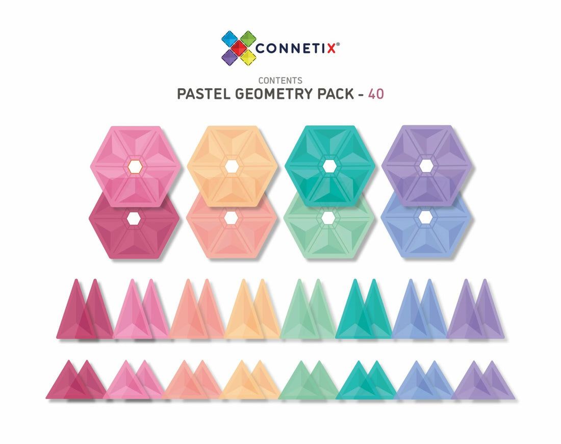 Caixa do jogo Connetix blocos magnéticos Pastel Geometry 40 pc, mostrando conteúdo e características.
