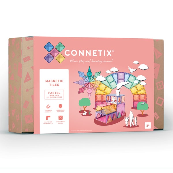 Caixa do Connetix Jogo blocos Magnético Pastel Mega 202 pc, mostrando conteúdo e características do jogo.