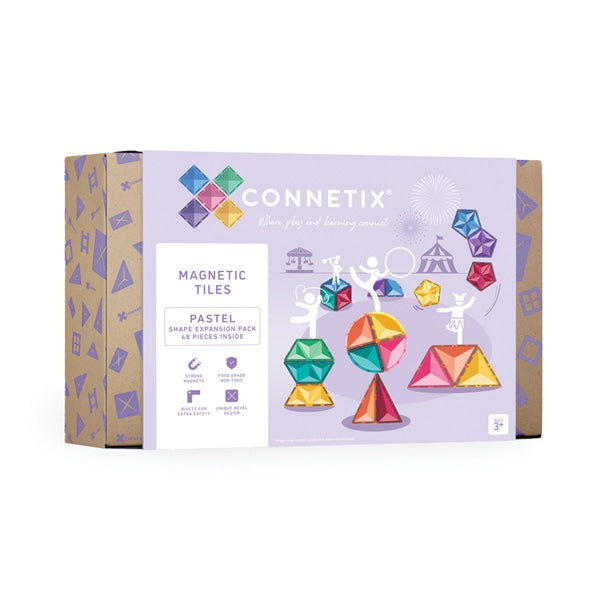 Caixa do Connetix Jogo blocos Magnético Pastel Shape Expansion Pack 48 pc. Mostra formas pastel.