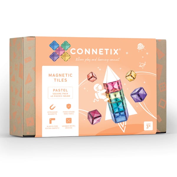 Caixa do Connetix Jogo blocos Magnético Pastel Square 40 pc, mostrando azulejos e foguetão.