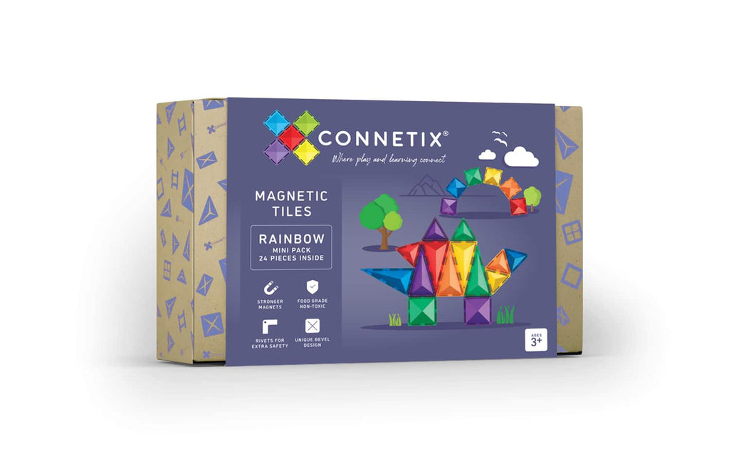 Connetix Jogo blocos Magnético Rainbow Mini 24 pc caixa do produto, mostrando o conteúdo de 24 peças e recursos.