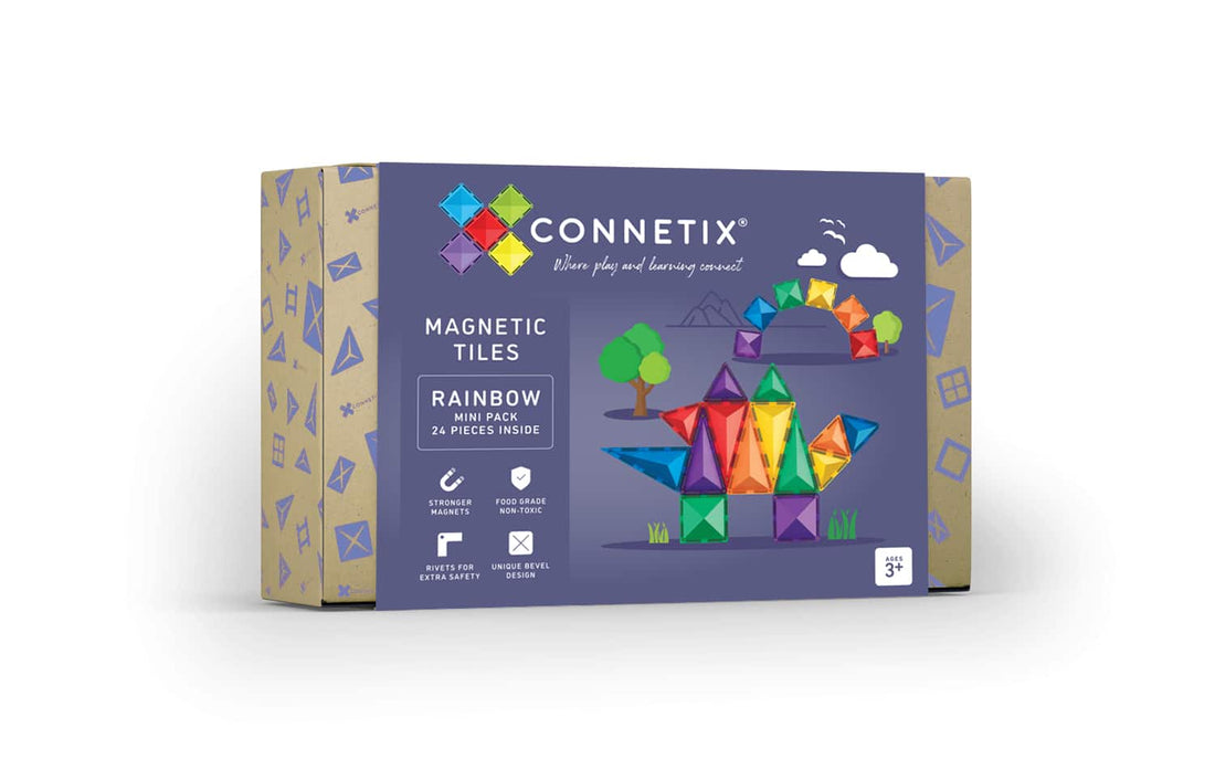 Connetix Jogo blocos Magnético Rainbow Mini 24 pc caixa do produto, mostrando o conteúdo de 24 peças e recursos.