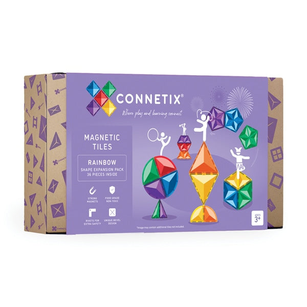 Caixa do Connetix Jogo blocos Magnético Rainbow Shape Expansion 36 pc, mostrando o produto e formas construídas.