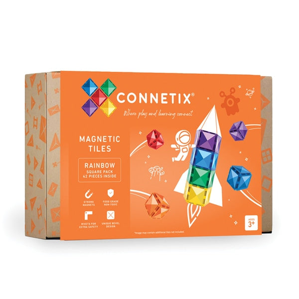 Caixa do Connetix Jogo de Blocos Magnéticos Rainbow Square 42 peças, mostrando o conteúdo e marca.