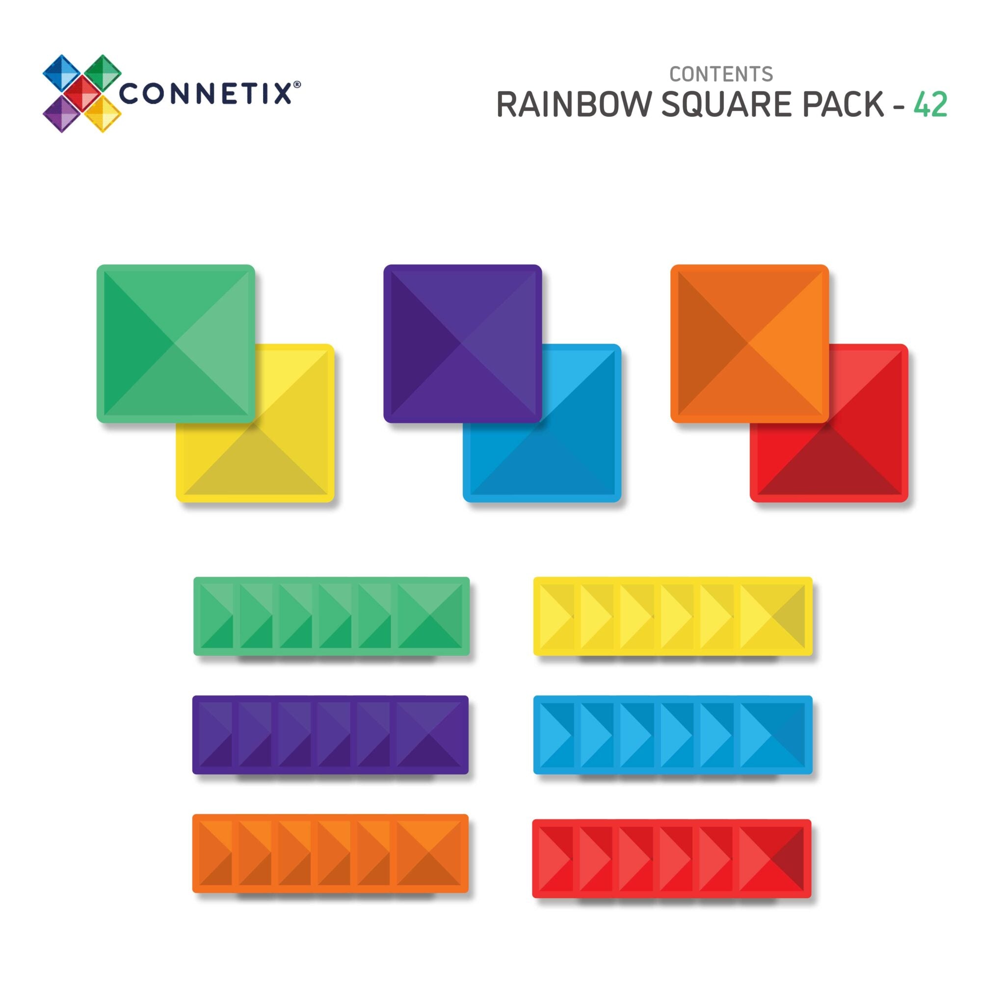 Exibição das peças incluídas no Connetix Jogo Blocos Magnéticos Rainbow Square 42 pc.