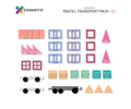 Vista aérea das peças incluídas no Connetix Pastel Transport Pack 50 peças.