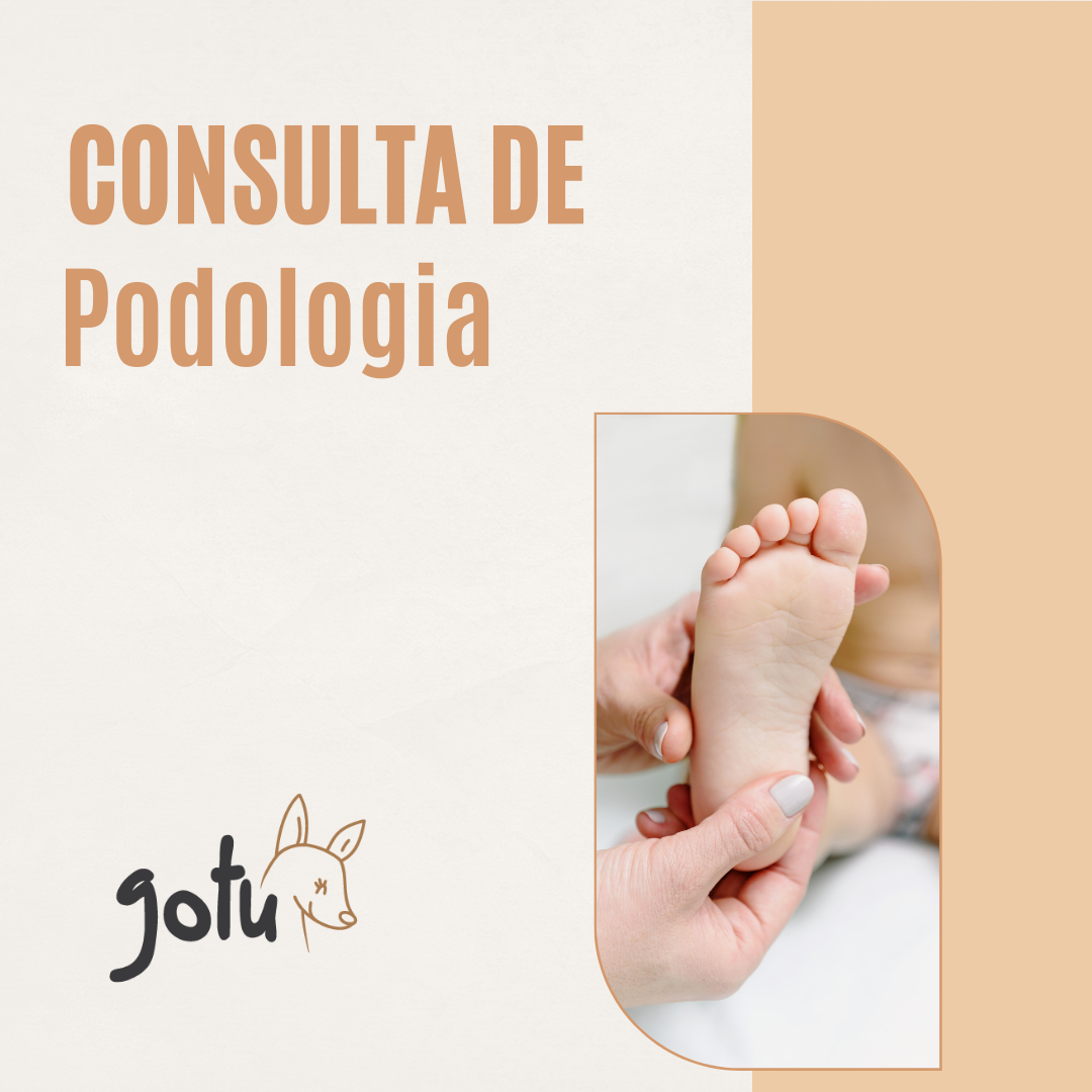 Anúncio de "Consulta de Podologia" com foco no exame de um pé infantil por um profissional. Inclui o logótipo "gotu".