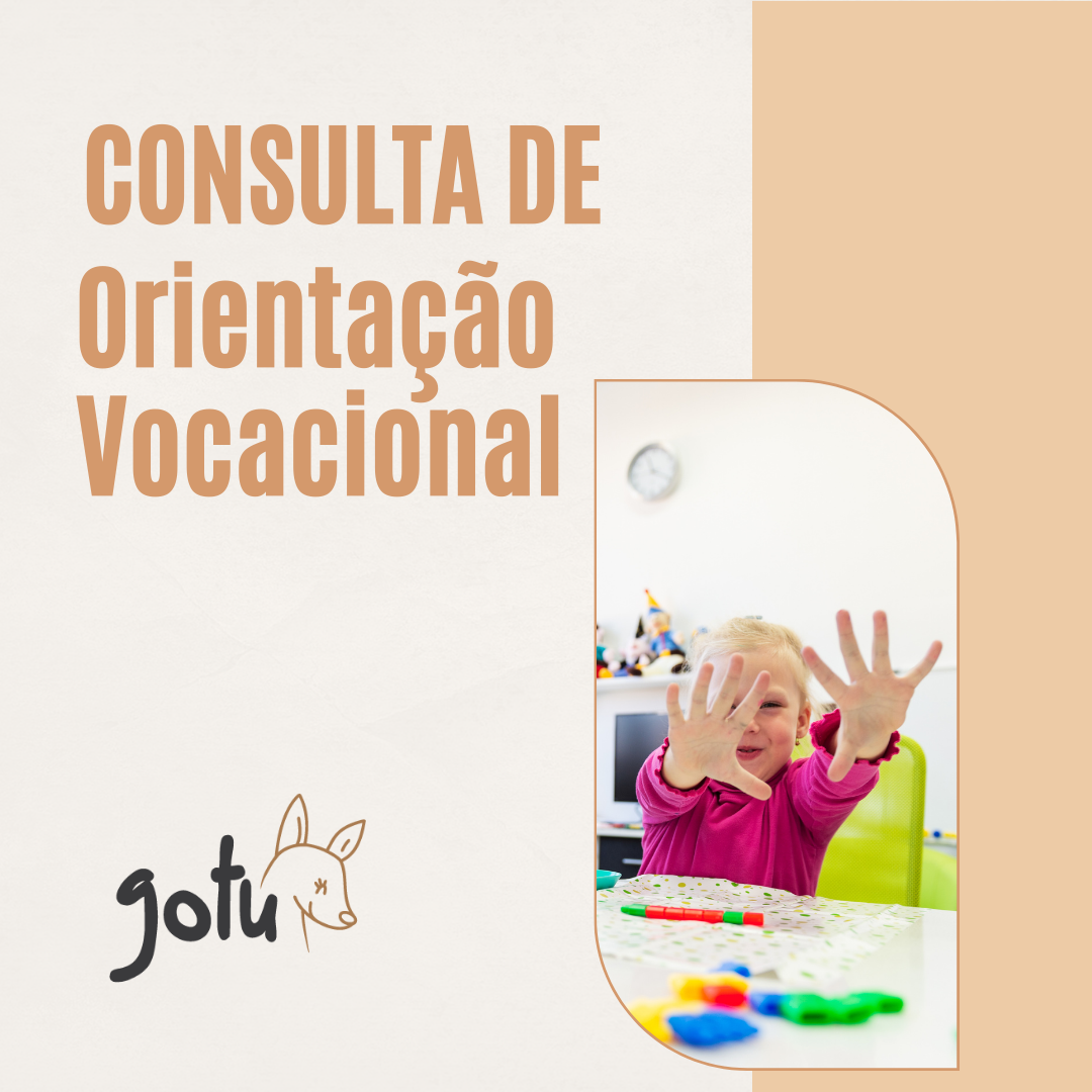 Banner promocional para "Consulta de Orientação Vocacional" com o título em destaque e uma criança sorridente a mostrar as mãos.