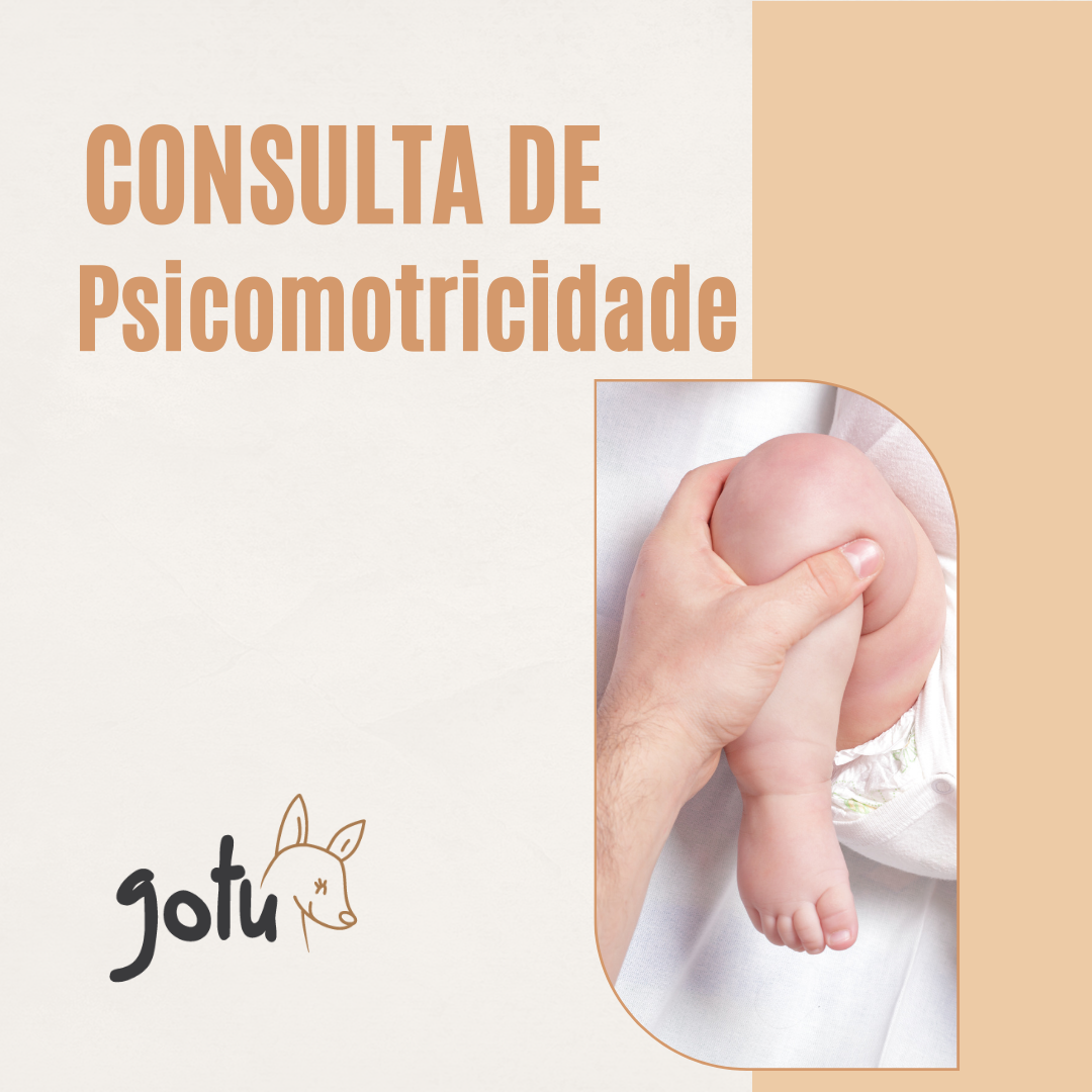 Anúncio de "Consulta de Psicomotricidade" com texto em destaque e imagem de um terapeuta a segurar a perna de um bebé.