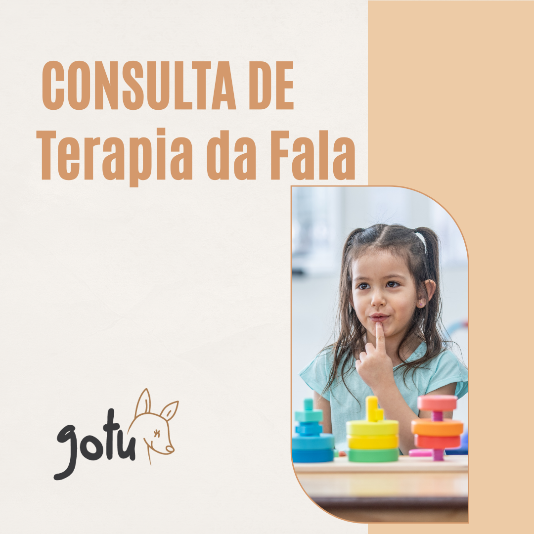 Imagem promocional "Consulta de Terapia da Fala" com menina a brincar com blocos coloridos, indicando foco em intervenção pediátrica.
