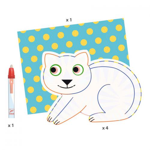 Conteúdo do kit Djeco com 4 placas e 1 caneta mágica