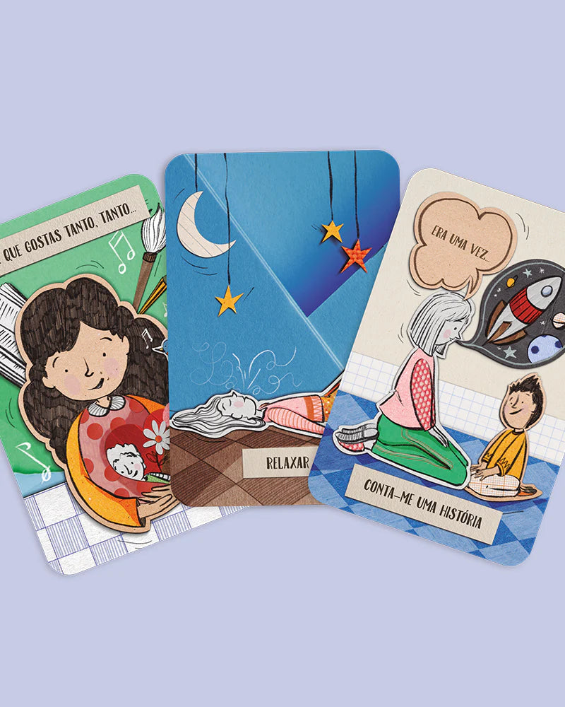 Três cartas adicionais do jogo "Conversas em Pijama", com ilustrações sobre "RELAXAR", "CONTA-ME UMA HISTÓRIA" e uma menina a desenhar, convidando à imaginação e partilha.