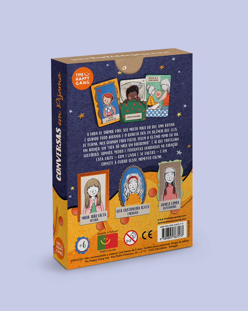 Parte traseira da caixa "The Happy Gang - Conversas em Pijama", exibindo detalhes do produto, ilustrações adicionais, idade recomendada (+6), autores e selos de certificação CE.