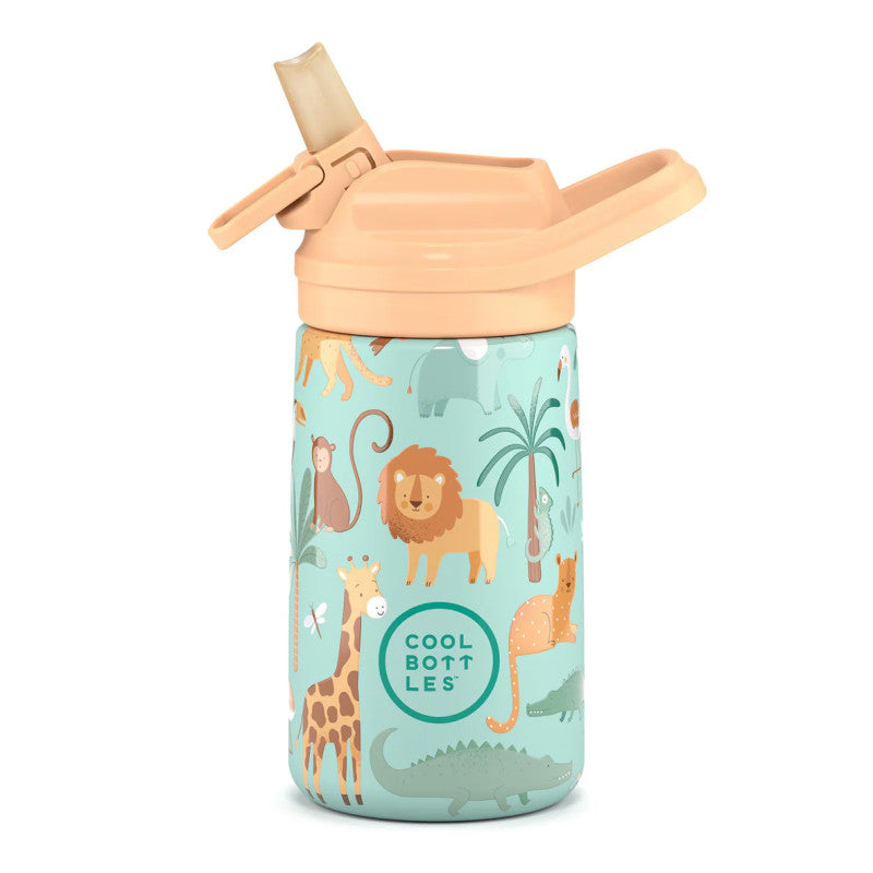 Garrafa térmica Cool Bottles Wild Crew de 350ml com padrão de animais da selva (leão, girafa, elefante, macaco) em tons pastel e tampa bege com bocal levantado, vista frontal.