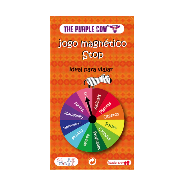 Capa do jogo magnético The Purple Cow Stop, mostrando o tabuleiro circular com categorias como Países, Cidades e Plantas, e a indicação de idade 6-99.