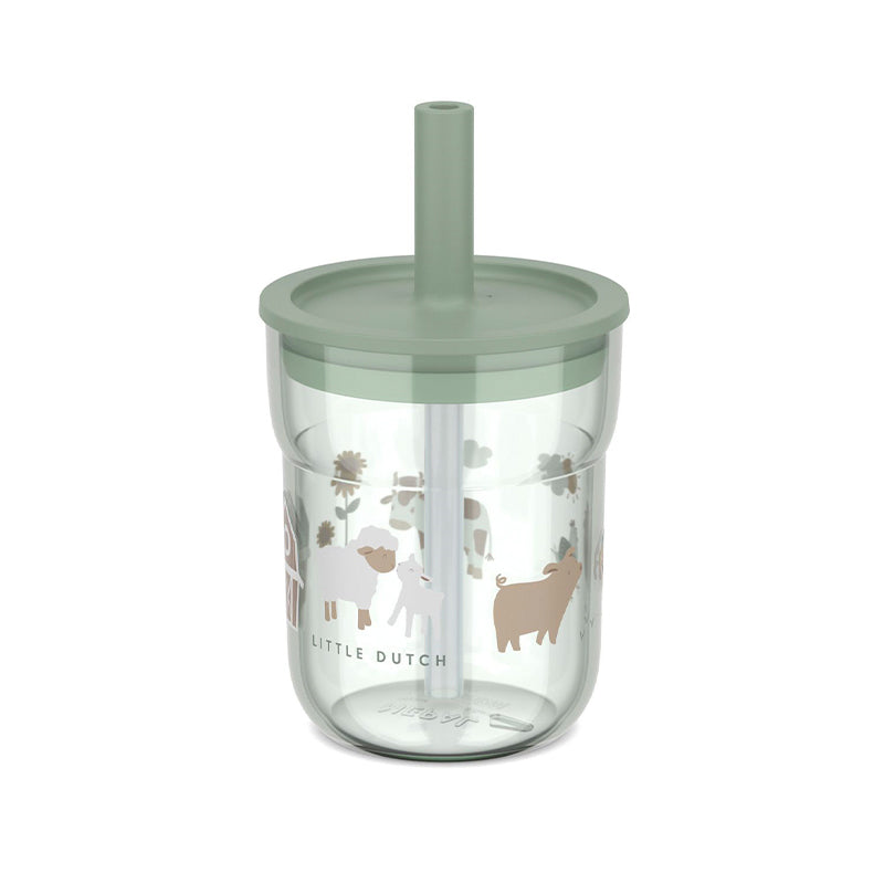 Copo infantil transparente da Little Dutch com tampa e palhinha verde-azeitona, decorado com ilustrações de animais da quinta como ovelhas e vacas.