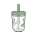 Copo infantil transparente da Little Dutch com tampa e palhinha verde-azeitona, decorado com ilustrações de animais da quinta como ovelhas e vacas.