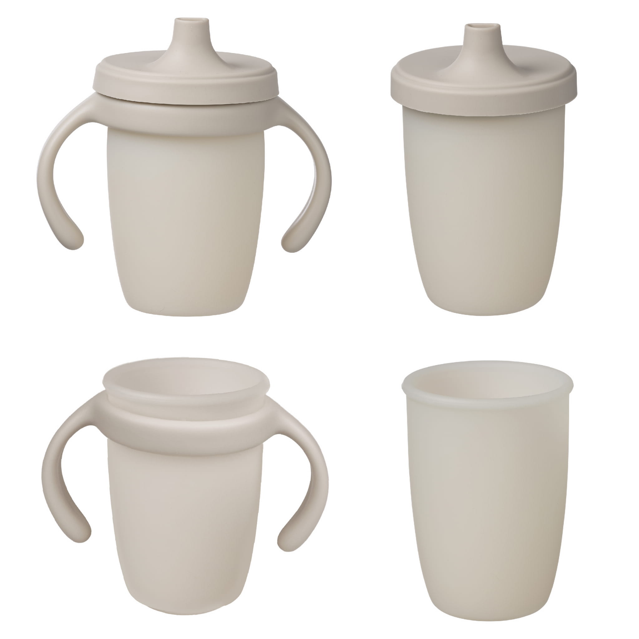 Quatro vistas do copo de silicone b.box Latte: com alças e tampa, só com tampa, com alças sem tampa, e só o copo.