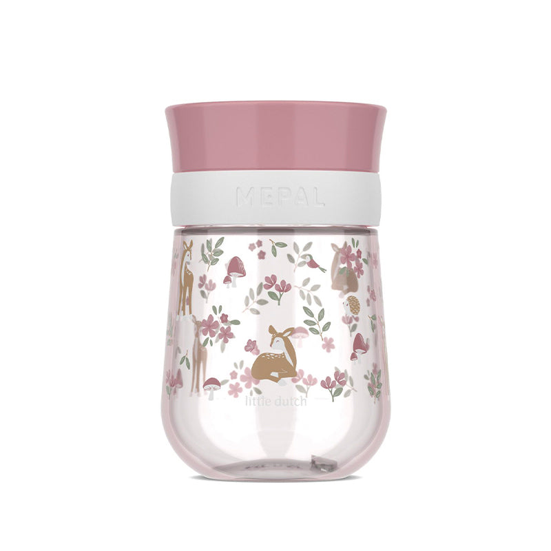 Imagem de estúdio do copo de treino 360º Little Dutch Mepal com padrão de veados e flores em tons de rosa e verde.