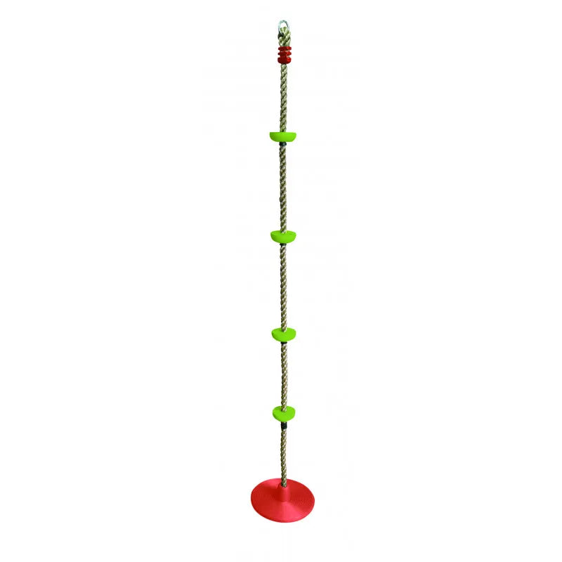 Corda com nós e disco Soulet de 235 cm, com nós em plástico verde e disco vermelho, ideal para balançar e escalar em baloiços para crianças.