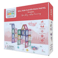 Caixa do jogo de construção magnética Clever Clixx Pack Ball Run Pastel de 110 peças, mostrando uma estrutura de pista de bolas montada com peças coloridas e um aviso de idade 3+.