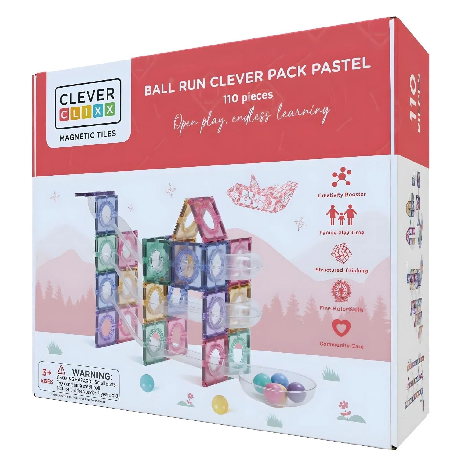 Caixa do jogo de construção magnética Clever Clixx Pack Ball Run Pastel de 110 peças, mostrando uma estrutura de pista de bolas montada com peças coloridas e um aviso de idade 3+.
