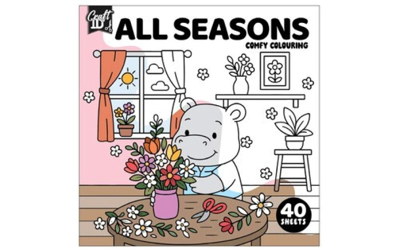 Capa do livro de colorir "All Seasons Comfy Colouring" da Craft ID, mostrando um hipopótamo a arranjar flores, com indicação de 40 folhas.