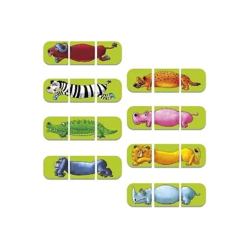 Detalhe das peças magnéticas do Miniland Crazy Zoo, mostrando combinações de cabeça, corpo e cauda de vários animais.