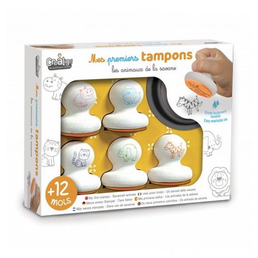 Conjunto de 5 carimbos de espuma com motivos de animais da savana e almofada de tinta cinzenta da Crealign.