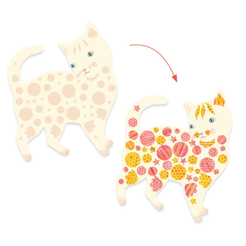 Demonstração do processo de colagem, com um gatinho em branco e o mesmo gatinho depois de ser decorado com autocolantes coloridos.