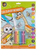 Embalagem do livro de colorir com números A4 de animais, com um macaco, uma girafa e 10 lápis de cera, ideal para crianças.