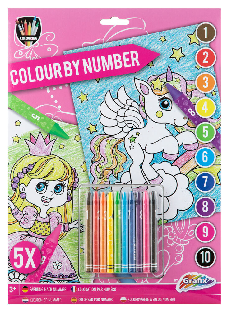 Embalagem do livro de colorir com números A4 de princesas, mostrando uma princesa e um unicórnio alado, com 10 lápis de cera incluídos.