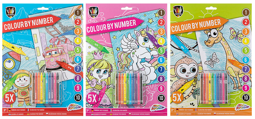Conjunto de 3 livros de colorir "Colour by Number" A4 (veículos, princesas, animais) com 10 lápis de cera cada, da Creative Craft.